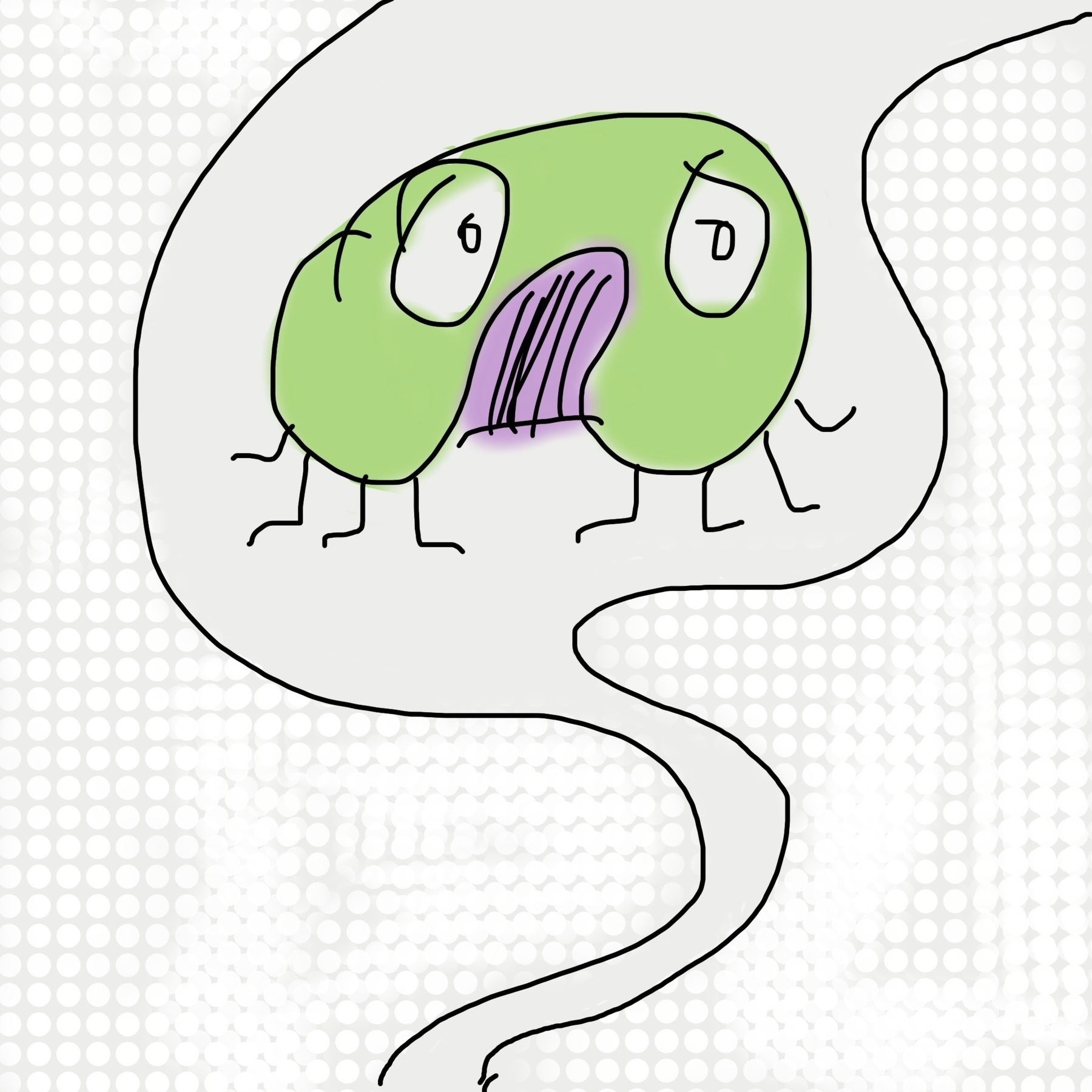 A drawing of an abstract, green character who looks scared